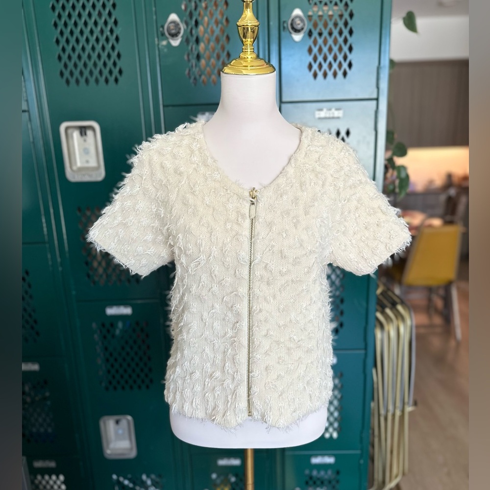 Anthropologie Sleeping on Snow short sleeve zip up fuzzy eyelash sweater Size M - Picture 2 of 8